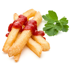 French Fried Potatoes with ketchup isolated on white background
