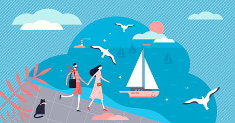 Seafront vector illustration. Tiny classical beach scene persons concept.