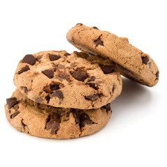 Three Chocolate chip cookies isolated on white background. Sweet biscuits. Homemade pastry.