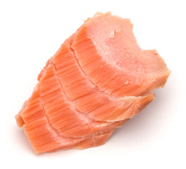 smoked salmon segments isolated on white background cutout. Prepared fish fillet fibres.