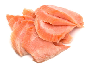 smoked salmon segments isolated on white background cutout. Prepared fish fillet fibres.