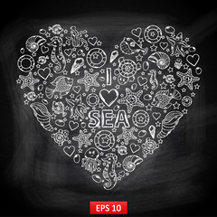 Chalk board I love Sea in the form of heart