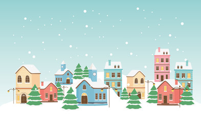 Fototapeta premium new year greeting card houses town trees lamp post snow