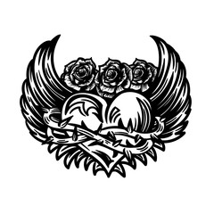 Vector hand dawn black and white illustration of heart with wings and roses in the engraving tattoo style isolated on white background. 