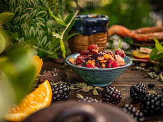 Preparation of the tea ceremony, tea in the bowl. Handmade cups