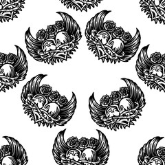 Vector hand dawn black and white seamless pattern of heart with wings and roses in the engraving tattoo style isolated on white background. 