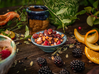 Preparation of the tea ceremony, tea in the bowl. Handmade cups