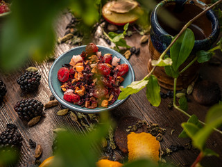 Preparation of the tea ceremony, tea in the bowl. Handmade cups