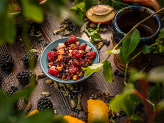Preparation of the tea ceremony, tea in the bowl. Handmade cups