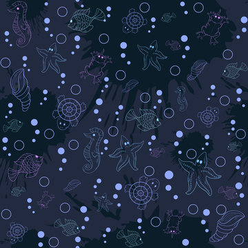 Seamless pattern sea life on the dark background