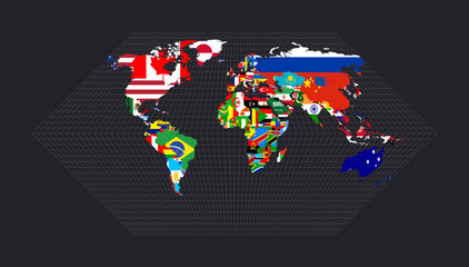 Worldmapwithallcountries andtheirflags. Eckert I projection. Map of the world with meridians on dark background. Vector illustration.