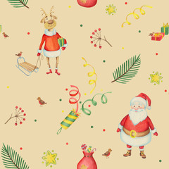 Seamless Christmas pattern with Santa Claus and reindeer.  Watercolor background