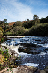 Naklejka na ściany i meble Scenic shot of small waterfalls on River Avon, Shipley Bridge, Avon Dam Reservoir, South Brent, Dartmoor Park