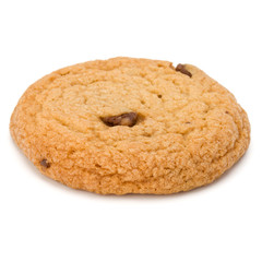 One Chocolate chip cookie isolated on white background. Sweet biscuit. Homemade pastry.