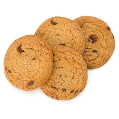 Chocolate chip cookies isolated on white background. Sweet biscuits. Homemade pastry.