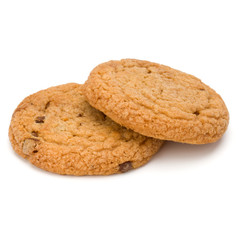 Two Chocolate chip cookies isolated on white background. Sweet biscuits. Homemade pastry.