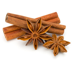 Cinnamon sticks and anise star isolated on white background close up