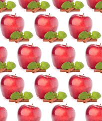 Red apple, cinnamon sticks and mint leaves still life. Seamless food pattern.