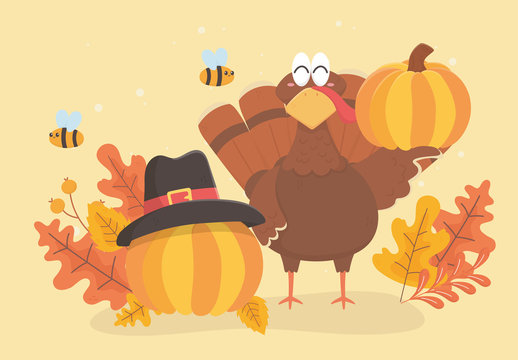 turkey and pumpkins with pilgrim hat bee and leaves happy thanksgiving celebration