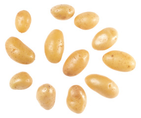 Potatoes isolated on white background. Top view. Flat lay pattern. Potatoes in air, without shadow.