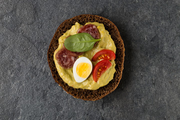 open Sandwich with sausage. Top view, flat lay.