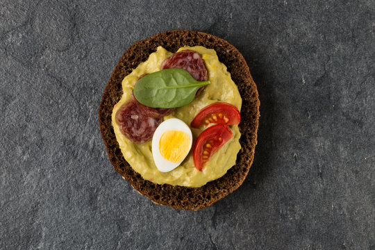 Open Sandwich With Sausage. Top View, Flat Lay.