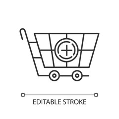 Shop trolley linear icon. Adding products to basket. Merchandise and consumerism. Ordering service. Thin line illustration. Contour symbol. Vector isolated outline drawing. Editable stroke