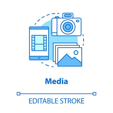 Media concept icon. Visual content idea thin line illustration. Videos, pictures and photos on mobile devices. Media library and files storage. Vector isolated outline drawing. Editable stroke
