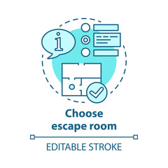 Choose escape room concept icon. Select quest type idea thin line illustration. Choice of strategy game. Comparing information and making decision. Vector isolated outline drawing. Editable stroke