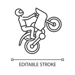 Motorcycling linear icon. Track, road rally, speedway, motocross racing. Person performing motorbiking stunt. Thin line illustration. Contour symbol. Vector isolated outline drawing. Editable stroke