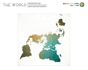 Low poly world map. Peirce quincuncial projection of the world. Brown Blue Green colored polygons. Trending vector illustration.