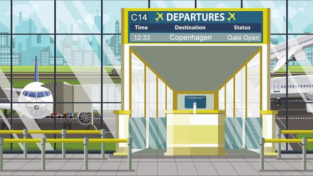 Airport terminal. Departure board above the gate with Copenhagen text. Travel to Denmark loopable cartoon animation