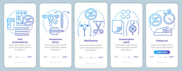 Safe sex onboarding mobile app page screen vector template. Oral contraceptive. Intrauterine device. Walkthrough website steps with linear illustrations. UX, UI, GUI smartphone interface concept