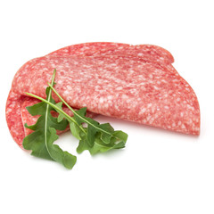 Salami smoked sausage slices isolated on white background