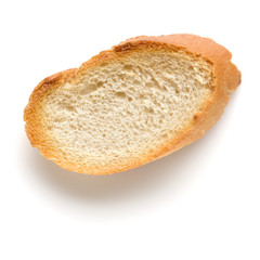 Toasted baguette slice isolated on white background close up.  Toast, crouton.   Top view.