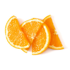 Orange fruit slice layout isolated on white background closeup. Food background. Flat lay, top view.