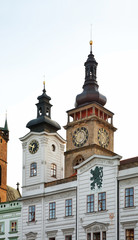 Obraz premium Old town hall and White tower at Large square (Velke namesti) in Hradec Kralove. Czech Republic