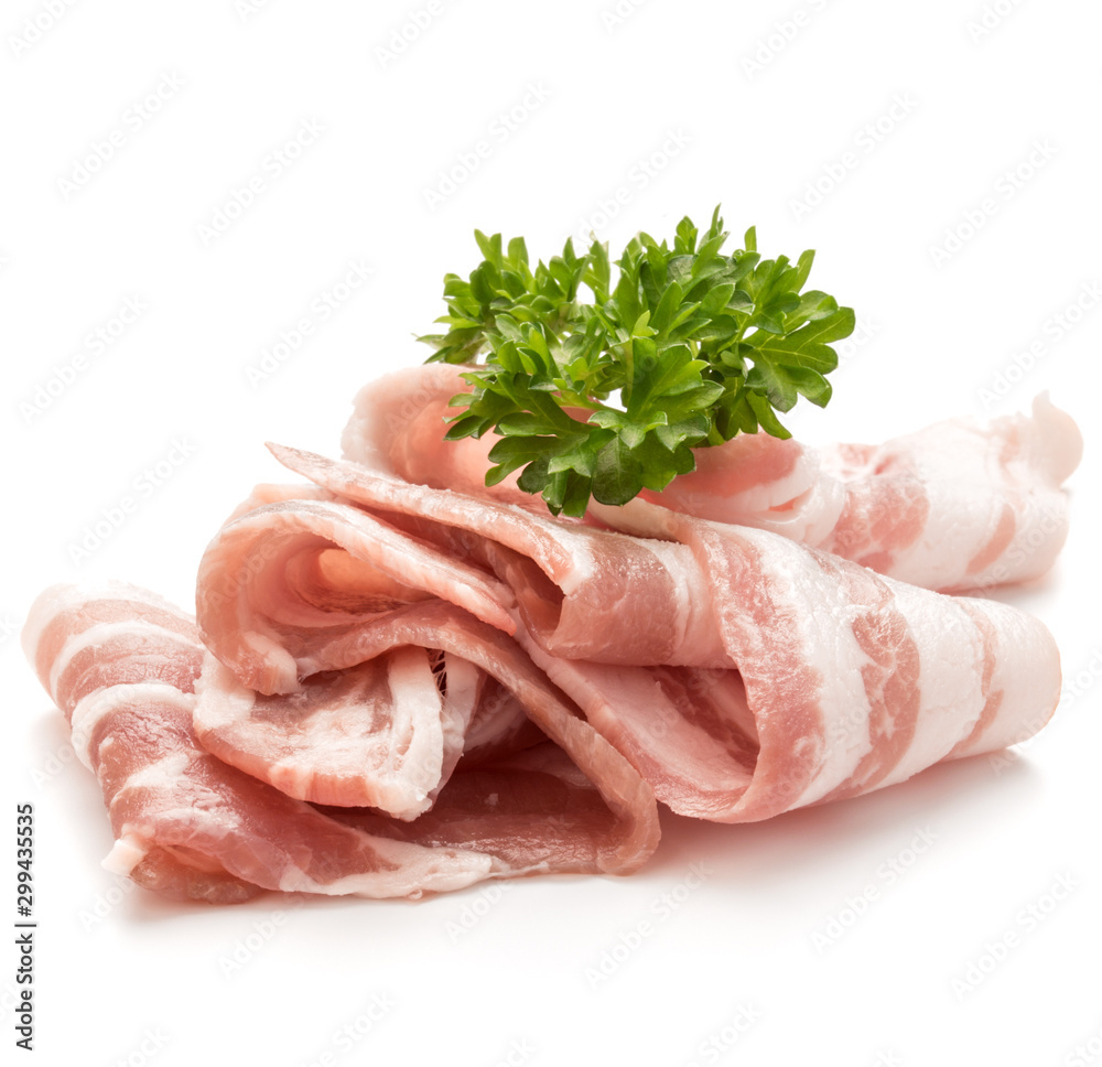 Poster  sliced bacon and parsley leaves isolated on white background cutout