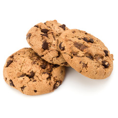 Three Chocolate chip cookies isolated on white background. Sweet biscuits. Homemade pastry.