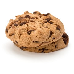 Two Chocolate chip cookies isolated on white background. Sweet biscuits. Homemade pastry.