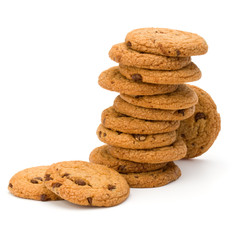 Stacked Chocolate chip cookies isolated on white background. Sweet biscuits. Homemade pastry.