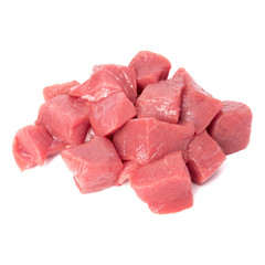 Raw chopped beef meat pieces isolated om white background cut out.
