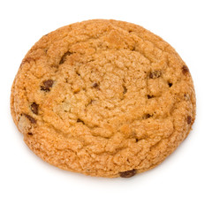 One Chocolate chip cookie isolated on white background. Sweet biscuit. Homemade pastry.