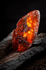 Natural amber. A piece of yellow and red semi transparent natural amber on piece of stoned wood.