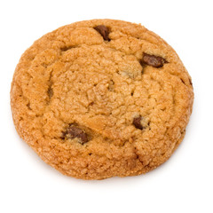 One Chocolate chip cookie isolated on white background. Sweet biscuit. Homemade pastry.