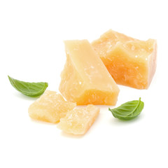 shredded parmesan cheese and basil leaf isolated on white background cutout