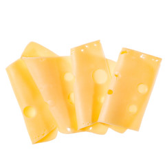 cheese slices isolated on white background. Top view. Flat lay. Cheese slice in air, without shadow.