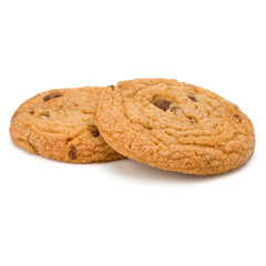 Two Chocolate chip cookies isolated on white background. Sweet biscuits. Homemade pastry.
