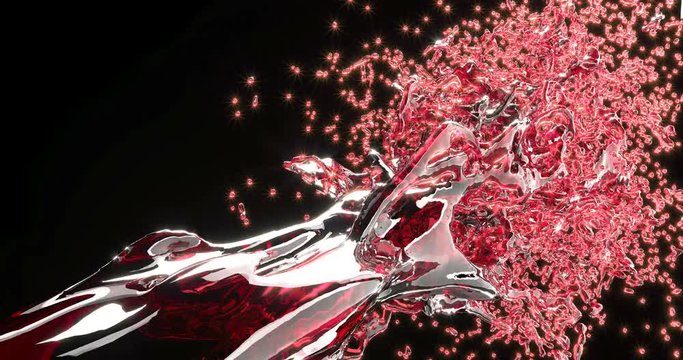 Pink Wine Fountain Realistic Animation. Red Liquid Stream With Drops Explosion Effect. Crimson Water, Blood Flow With Sparkling Droplets Render Footage. Fluid Substance Slow Motion Video