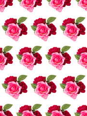 red and pink rose flower bouquet with green leaves isolated on white background cutout. Floral seamless pattern.